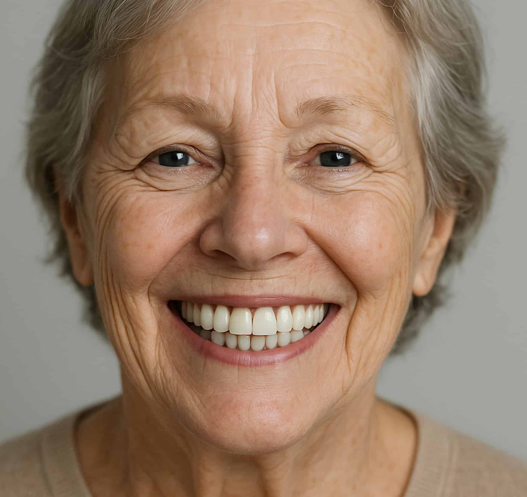 Close-up of an elderly woman's bright, healthy smile showcasing perfect teeth.